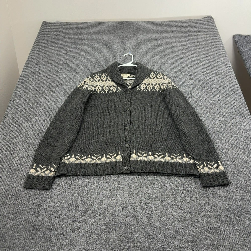 Eddie Bauer Cardigan Sweater Mens XL Grey Lambswool Fair Isle Shawl Neck Outdoor